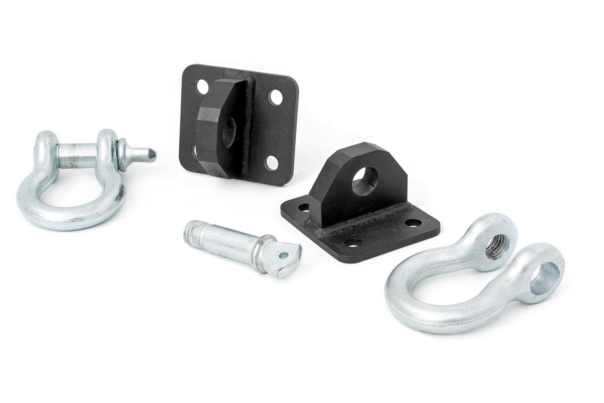 Jeep Wrangler D Ring Shackles and Mounts - Front - Rough Country - TJ Stubby, XJ Winch - Black Carbon Powdercoating - '87-'06